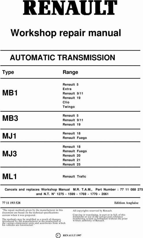 Product picture RENAULT AUTO AUTOMATIC GEARBOX WORKSHOP REPAIR MANUAL MB1  MB3 MJ1 MJ3 ML1